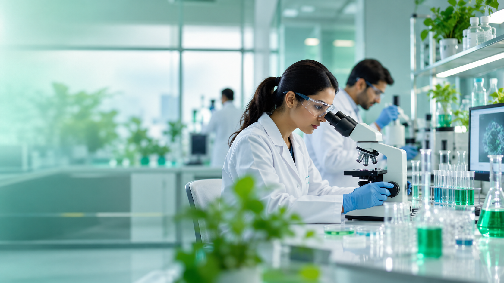 Pharmaceutical researchers working in a modern laboratory