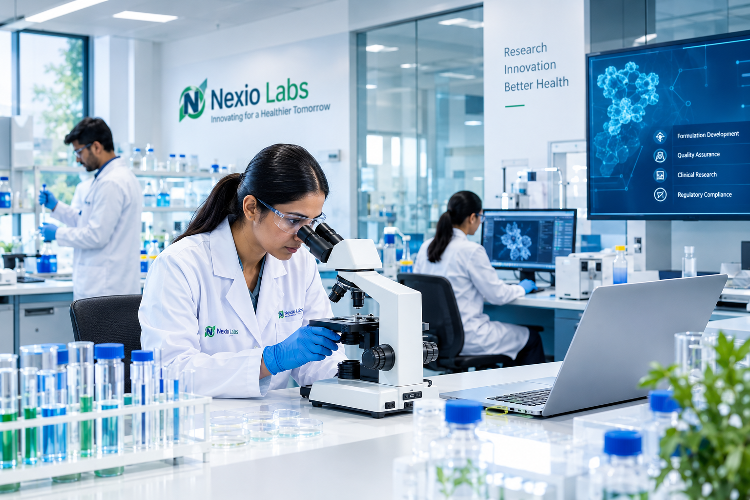 Modern pharmaceutical research laboratory with analytical equipment